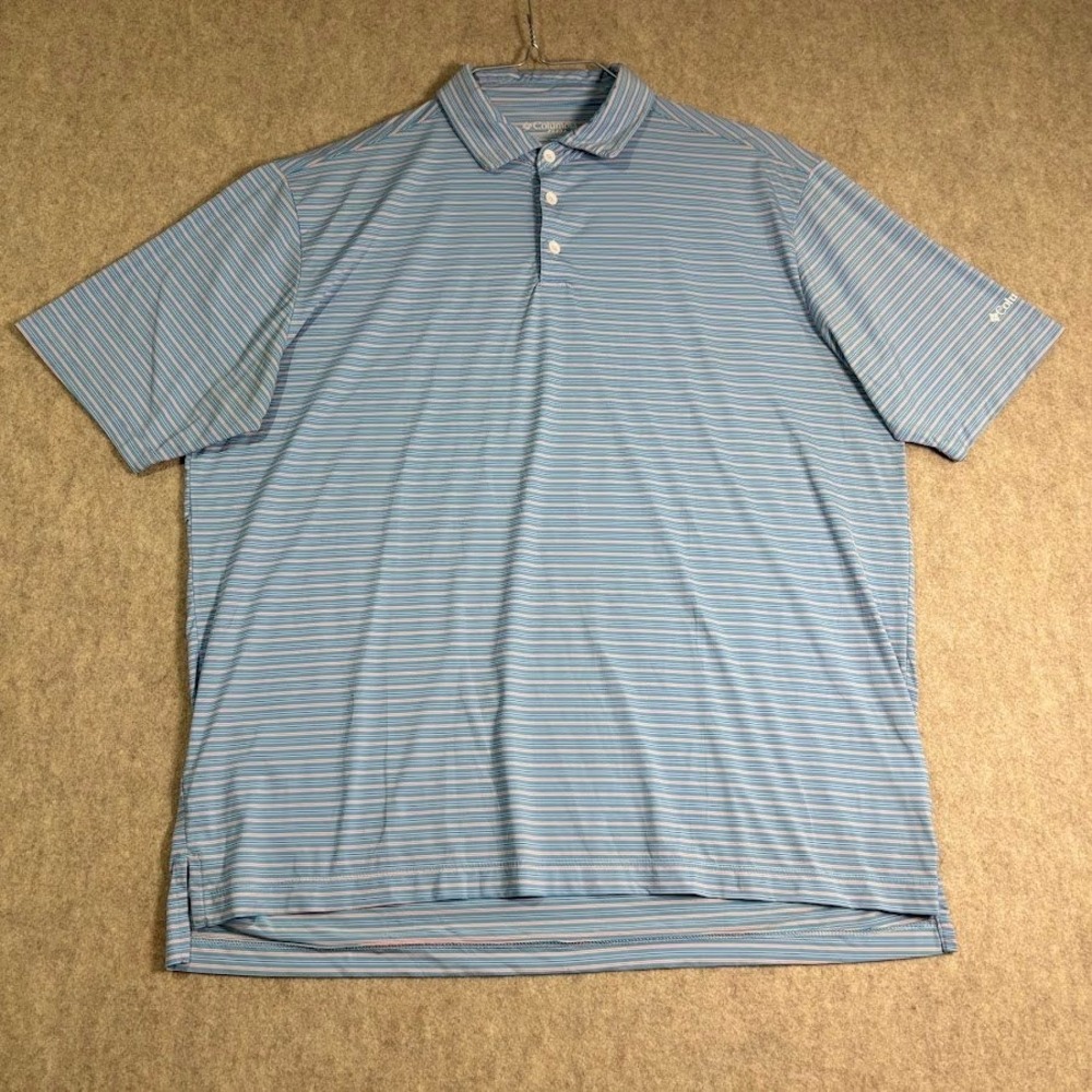 Columbia Golf Polo Shirt Mens XL Blue Pink Striped Polyester Performance Classic